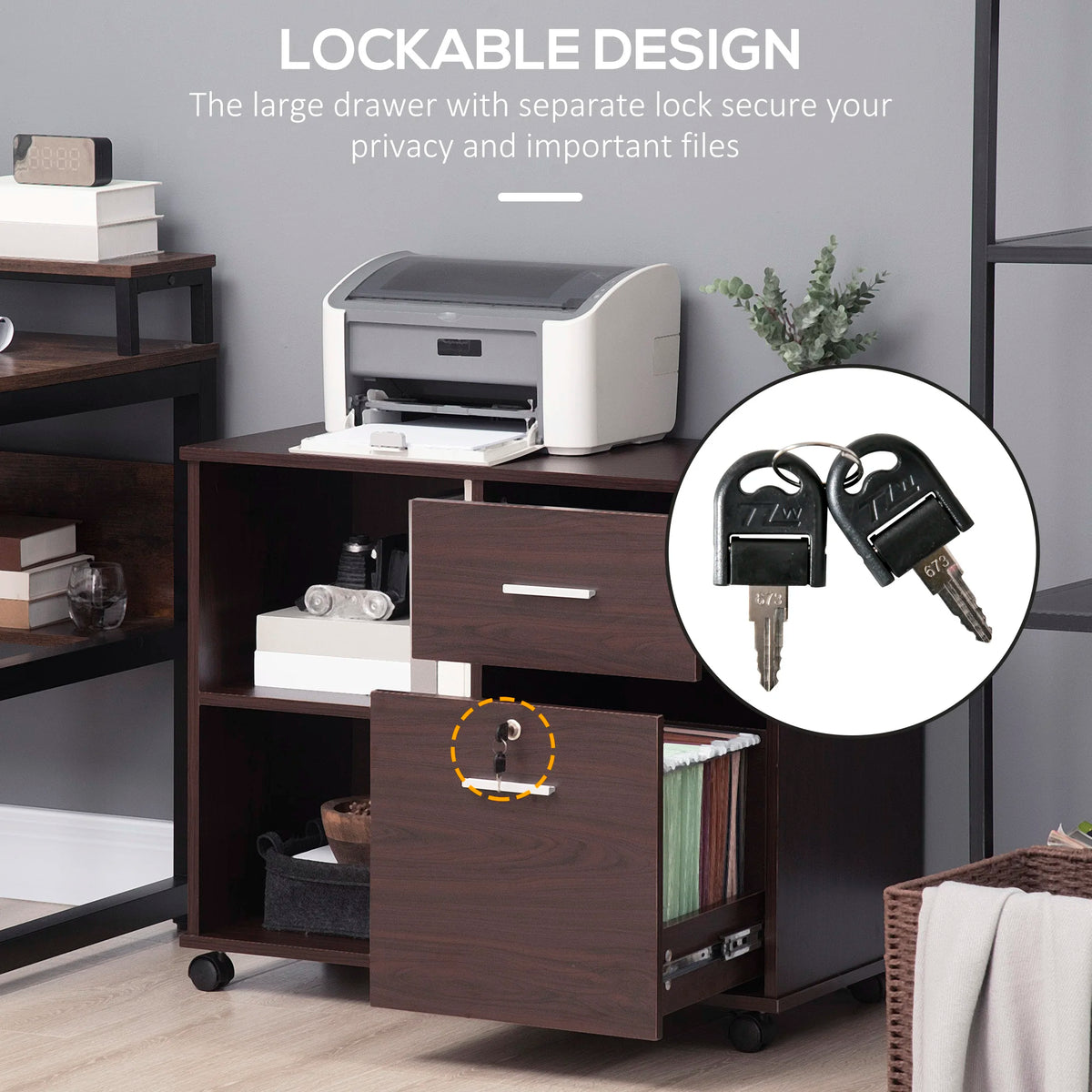 Mobile Lateral File Cabinet With Open Shelves And Utility Drawers