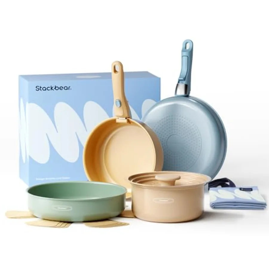 Ceramic Nonstick Cookware Set With Detachable Handle And Storage Bag