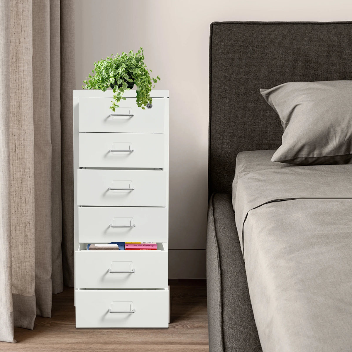 Rolling Metal File Cabinet With Lock And Six Drawers For Office