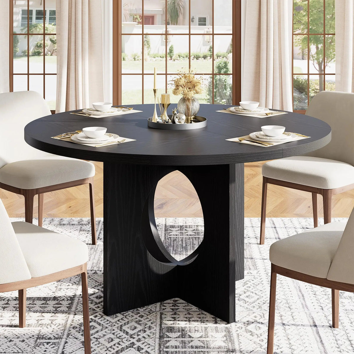 Farmhouse Round Dining Table With Wooden Pedestal Base