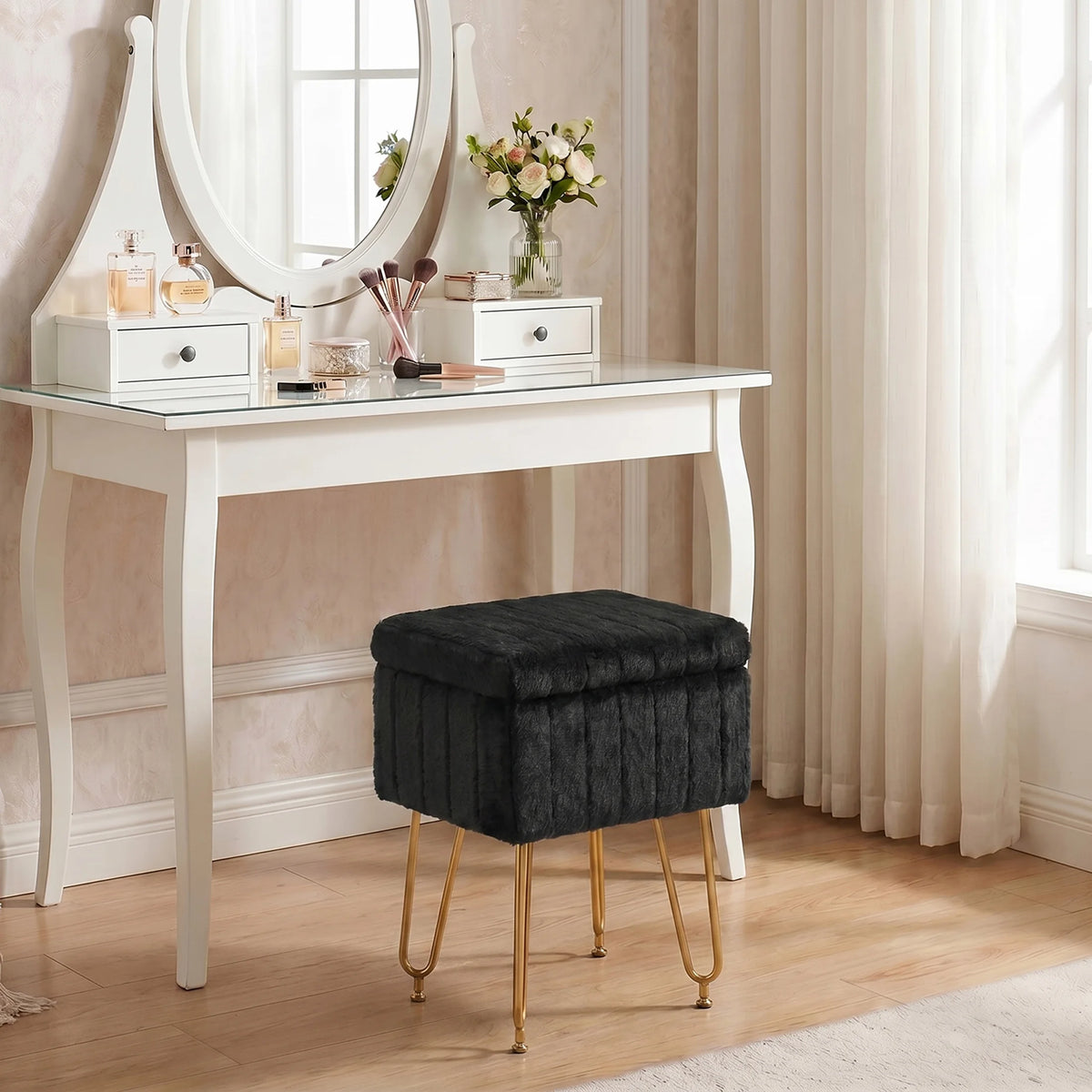 MCQ Faux Fur Ottoman Footrest Stool With Metal Legs
