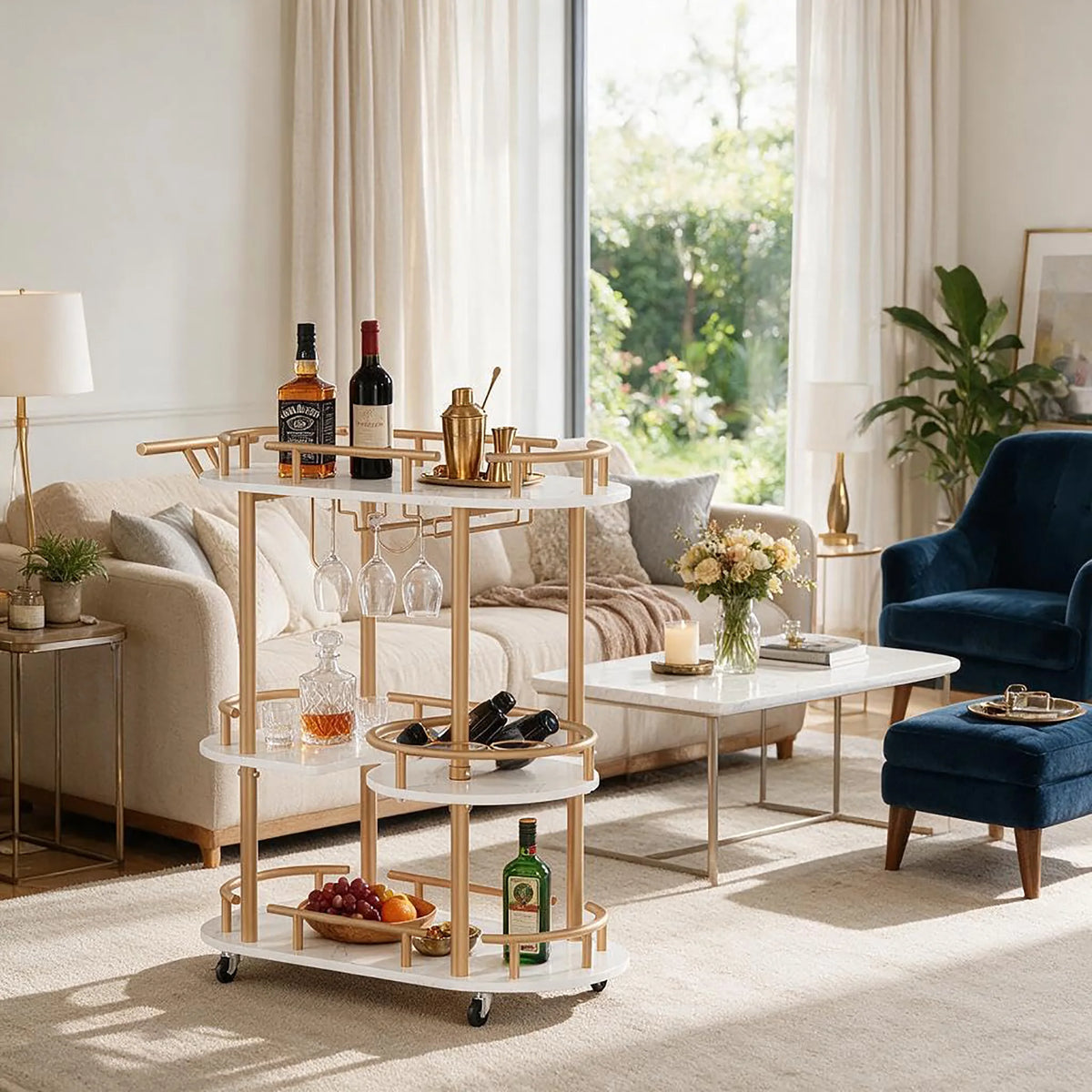 Himiss Rolling Serving Bar Cart With Wine Rack Shelf