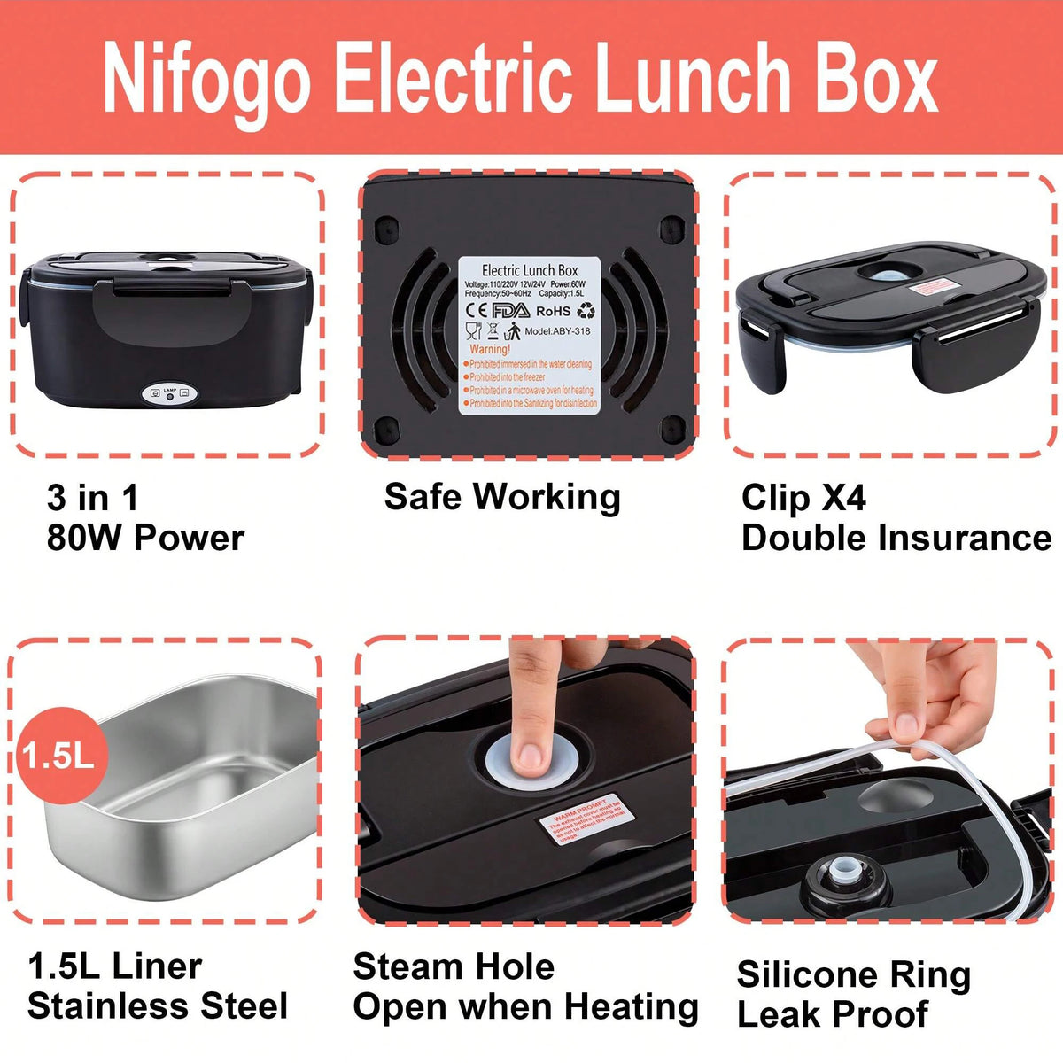 Portable Electric Heating Lunch Box With Stainless Steel Food Warmer