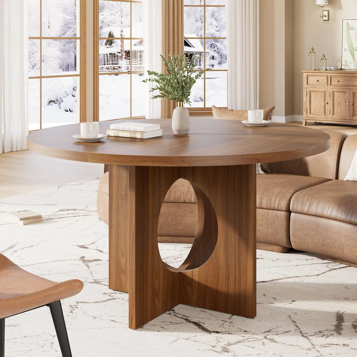 Farmhouse Round Dining Table With Wooden Pedestal Base