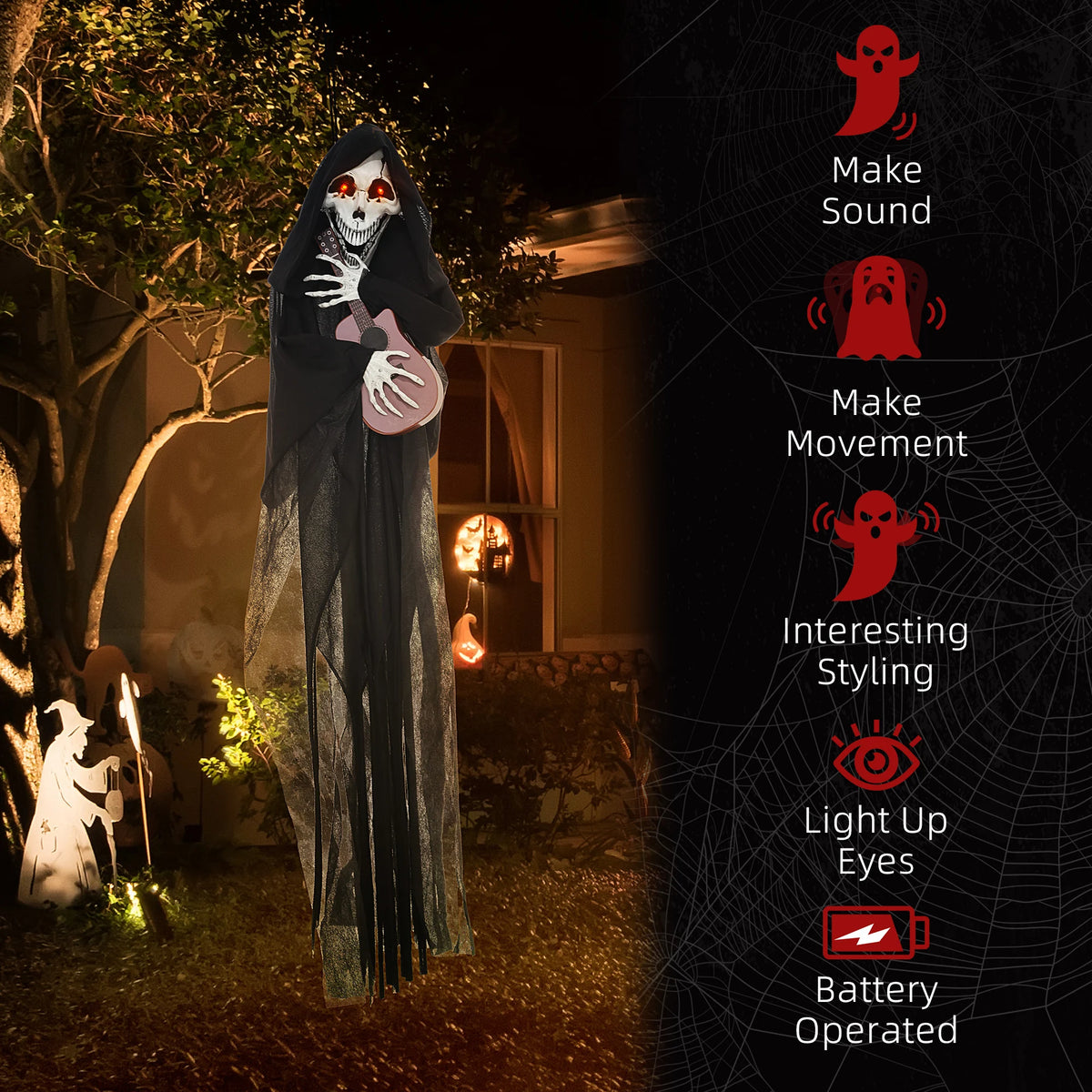 Guitar Playing Grim Reaper Outdoor Halloween Animatronic Decoration