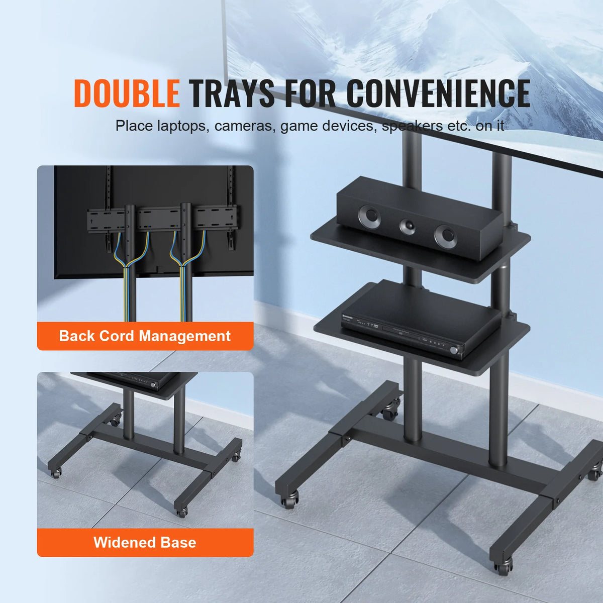 SucceBuy Height Adjustable Rolling TV Stand With Double Storage Tray
