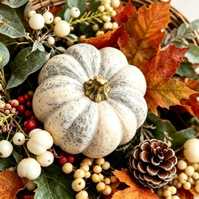 Thanksgiving Autumn Wreath With Pumpkins Pinecones Berries And Maple Leaves