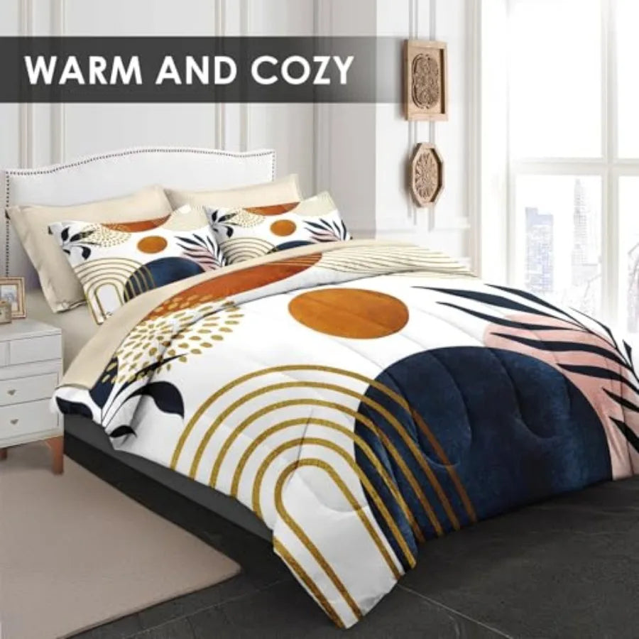 Mid Century Modern Comforter Set With Sun Leaf Pattern