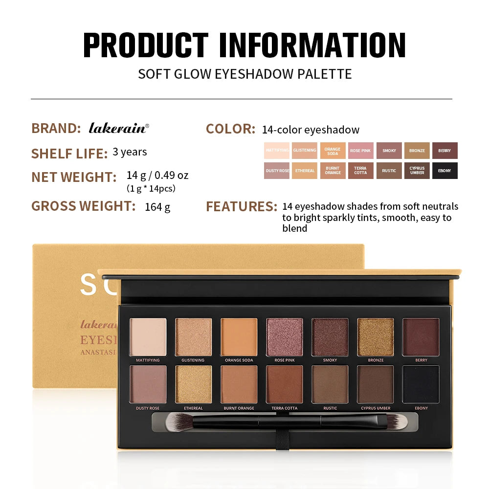 Lakerain Soft Glow Eyeshadow Palette Matte Shimmer Long Lasting