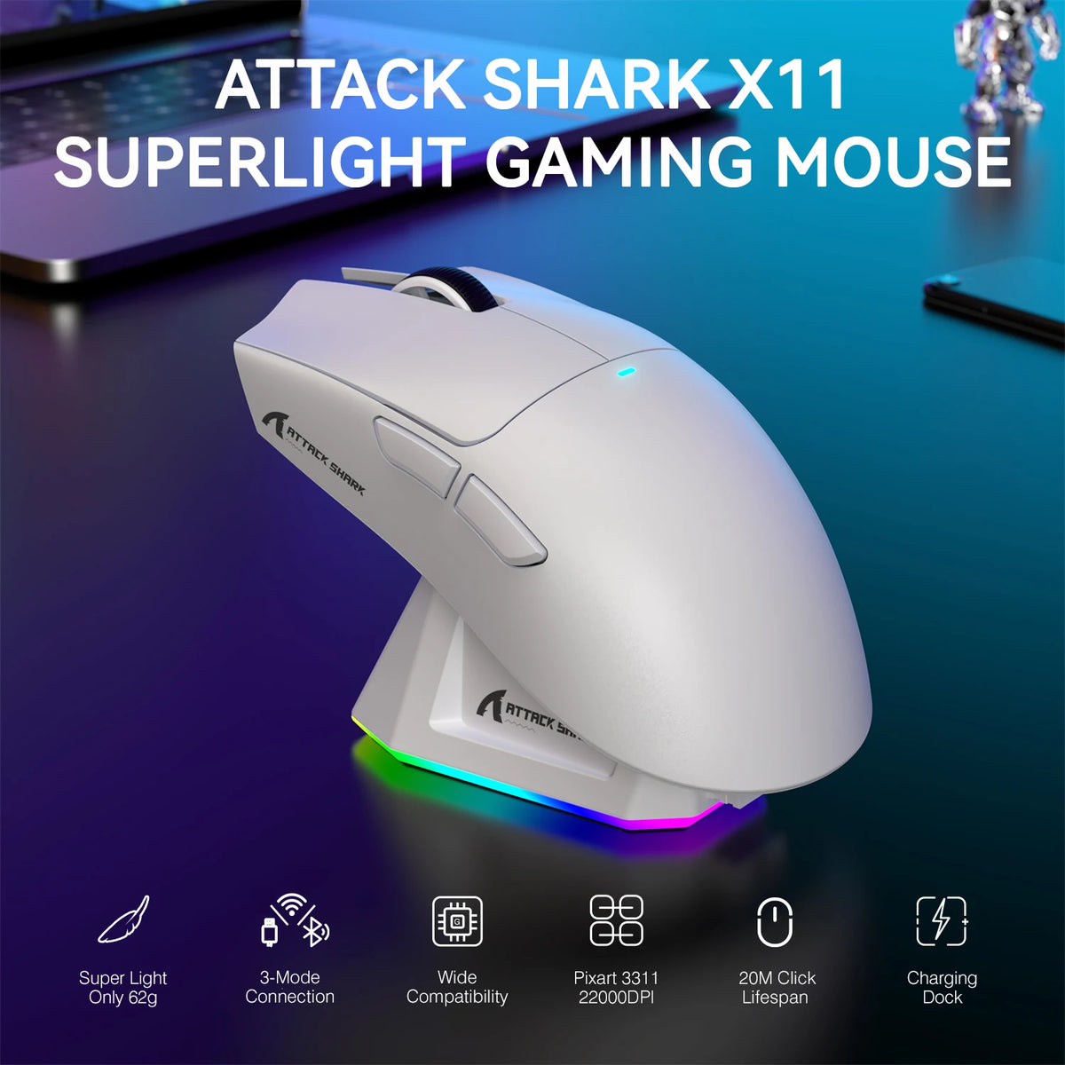 Attack Shark X11 Lightweight Wireless Gaming Mouse With RGB Charging