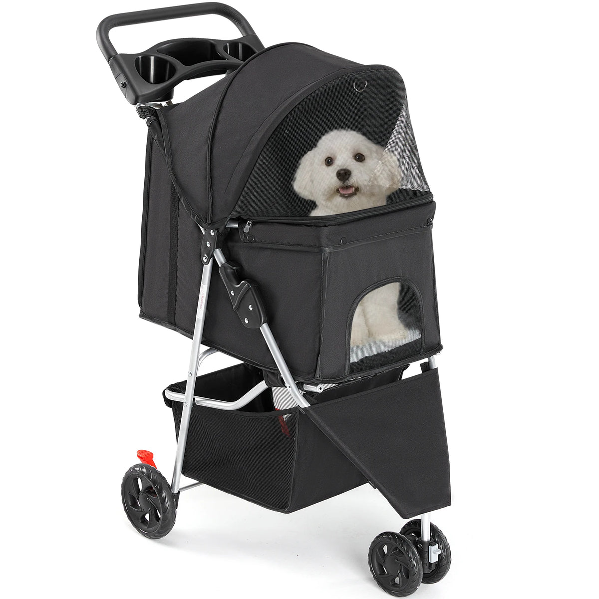 Foldable Three Wheel Pet Stroller For Small Dogs With Storage