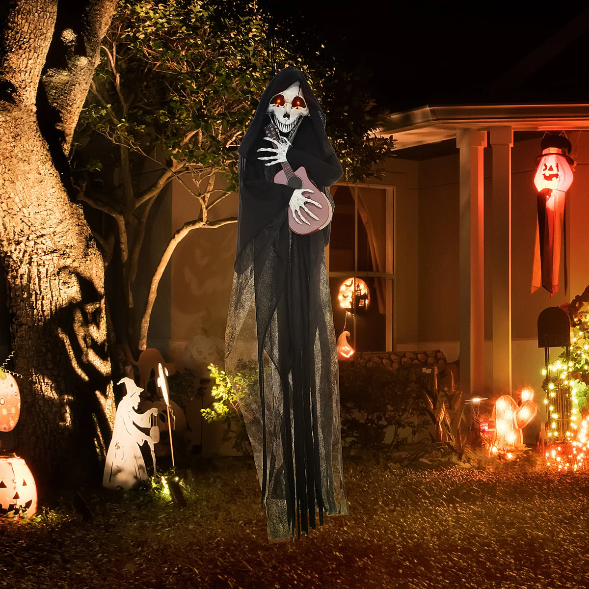 Guitar Playing Grim Reaper Outdoor Halloween Animatronic Decoration