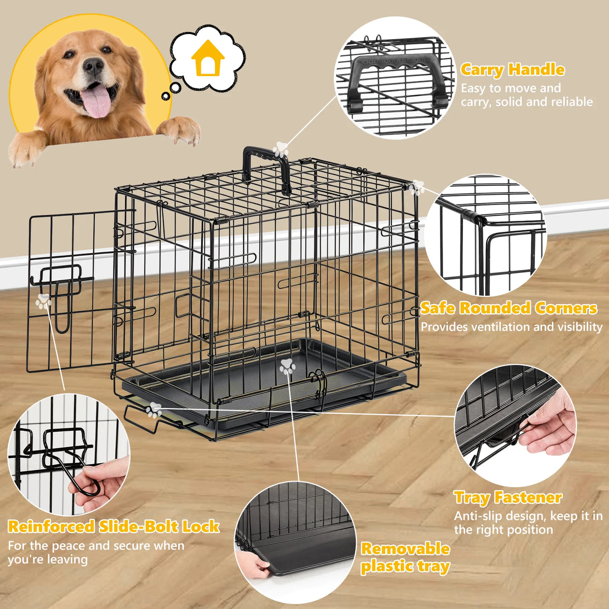 JHK Foldable Metal Dog Crate With Secure Lock Removable Tray