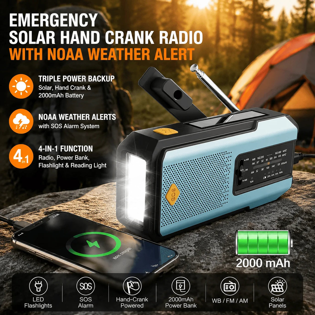STONEGO Emergency Solar Hand Crank NOAA Weather Radio Power Bank