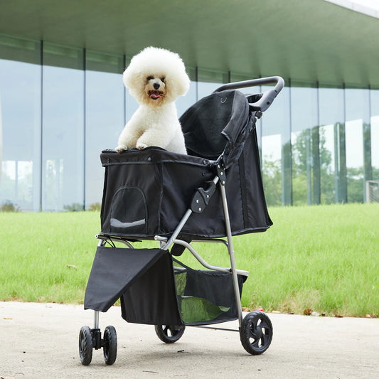Foldable Three Wheel Pet Stroller For Small Dogs With Storage