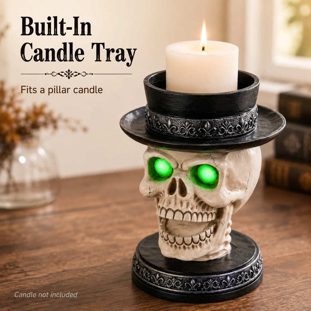 Halloween Gothic Skull Candle Holder LED Glowing Eyes Tabletop Decor