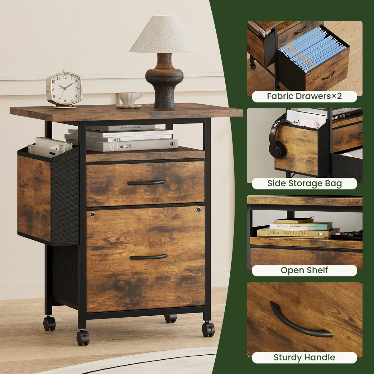 JHK Mobile File Cabinet With Two Fabric Drawers And Shelf