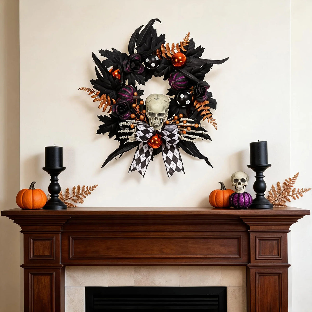 HiMISS Gothic Skeleton Halloween Wreath With Skull Hands And Pumpkins
