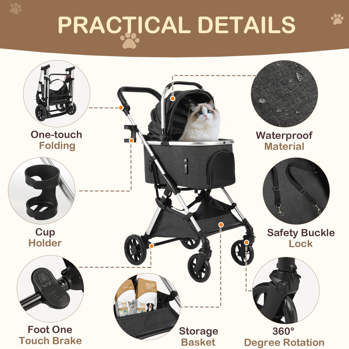 Lightweight Portable Pet Stroller With Quick Fold And Swivel Wheels