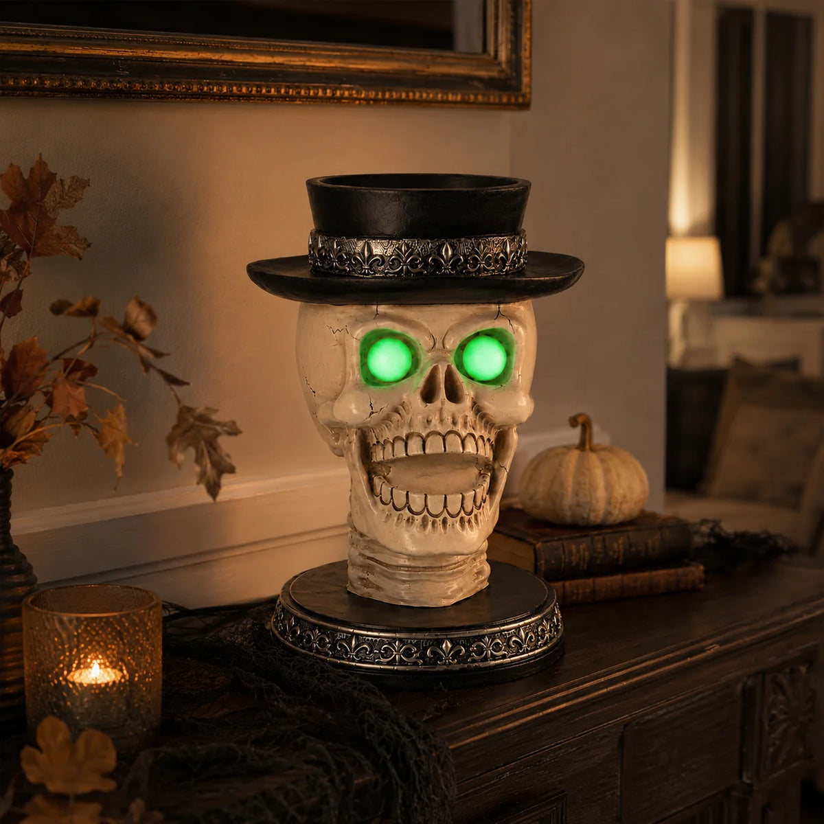 Halloween Gothic Skull Candle Holder LED Glowing Eyes Tabletop Decor