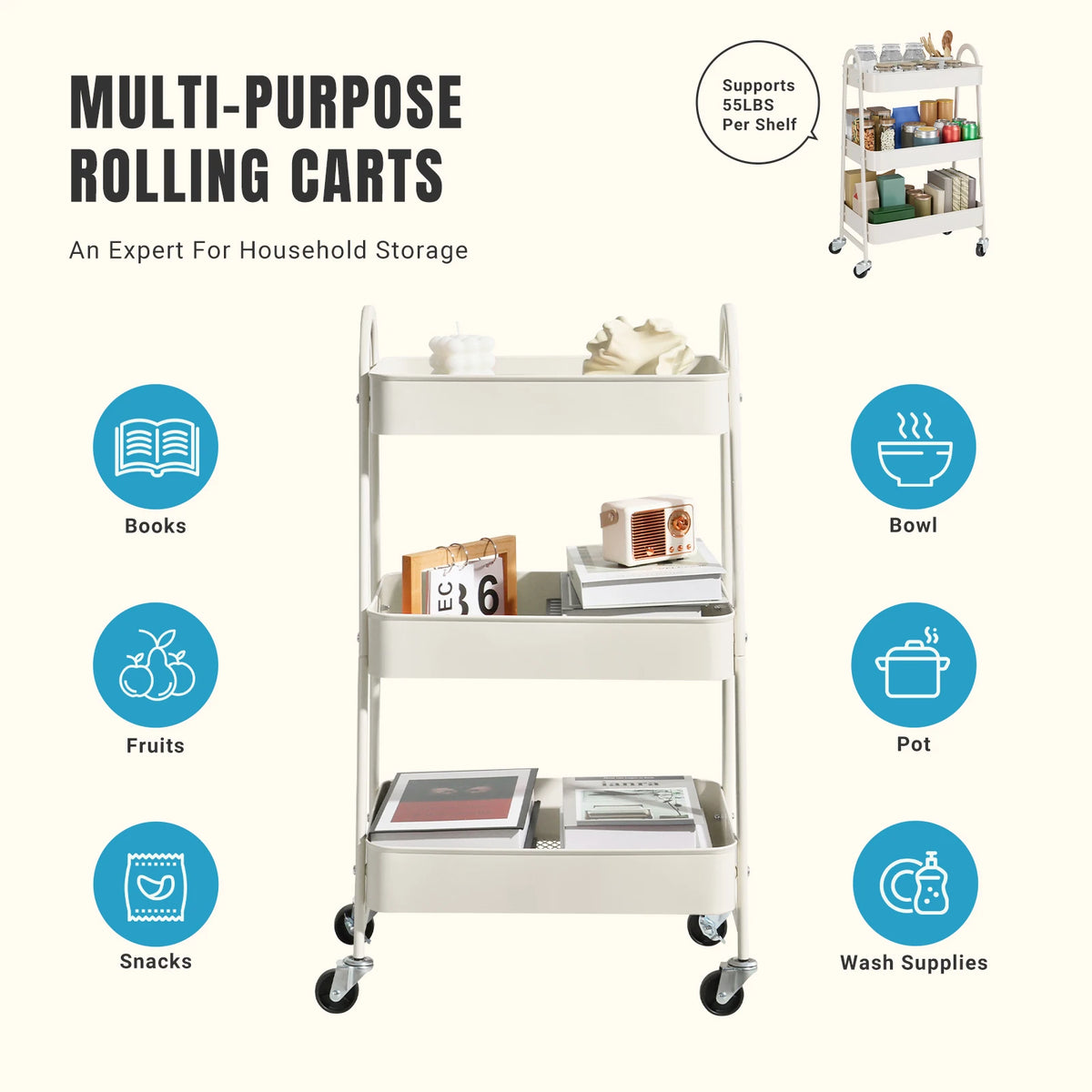 Jhk Metal Rolling Storage Cart With Lockable Swivel Wheels