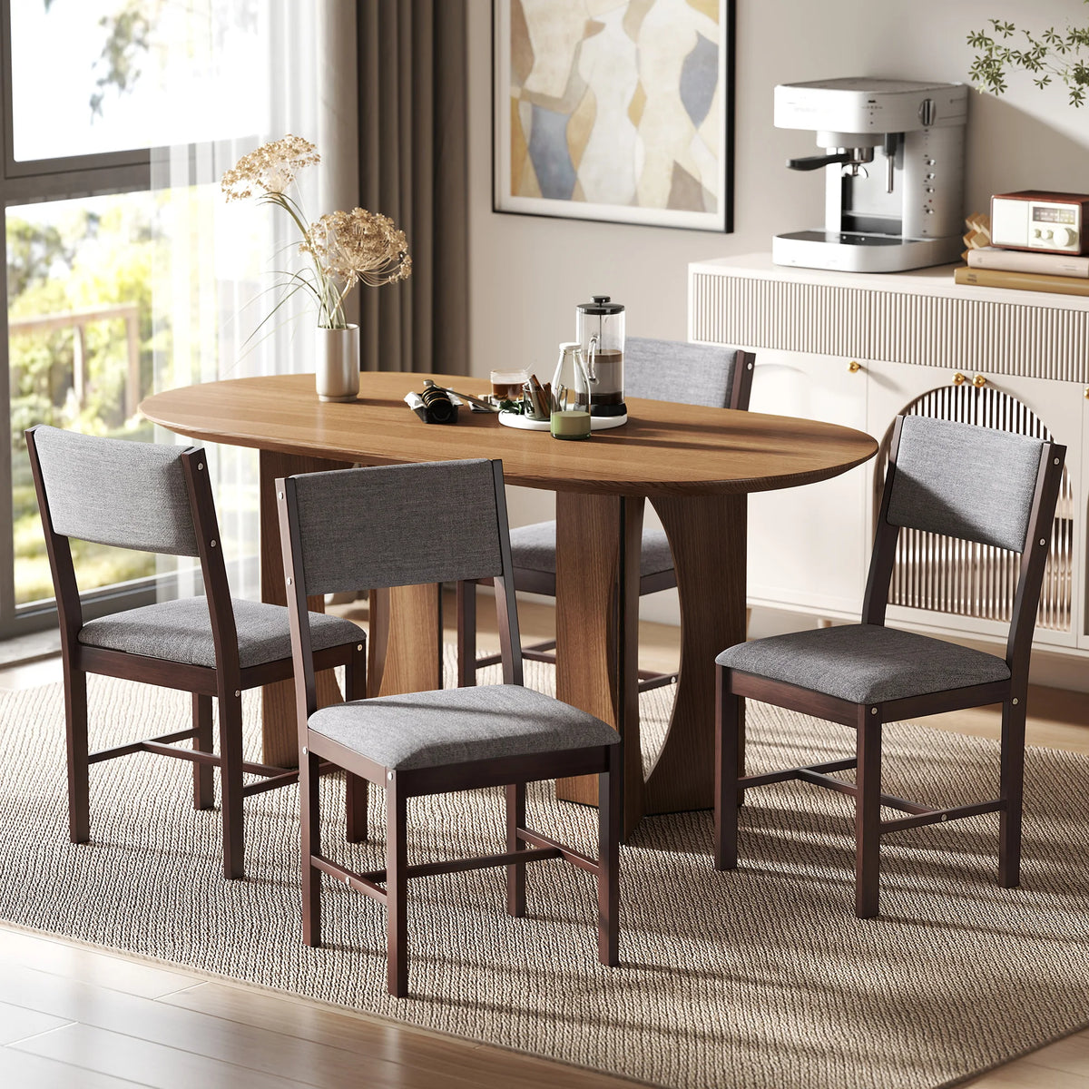 HOMCOM Rubberwood Linen Upholstered Dining Chair Set
