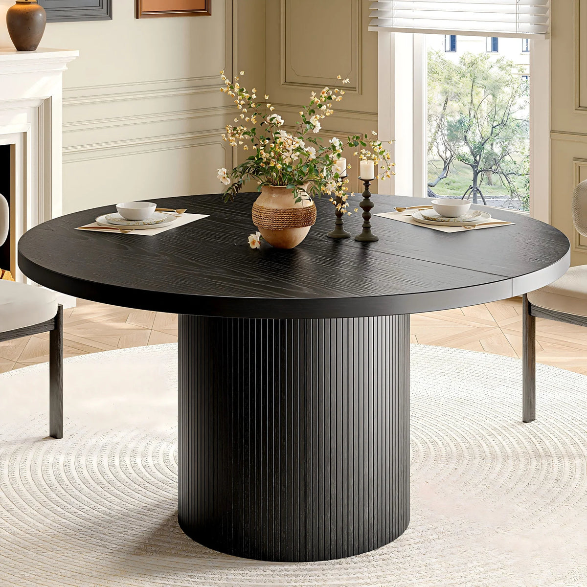 ONBRILL Modern Fluted Wood Round Dining Table For Kitchen