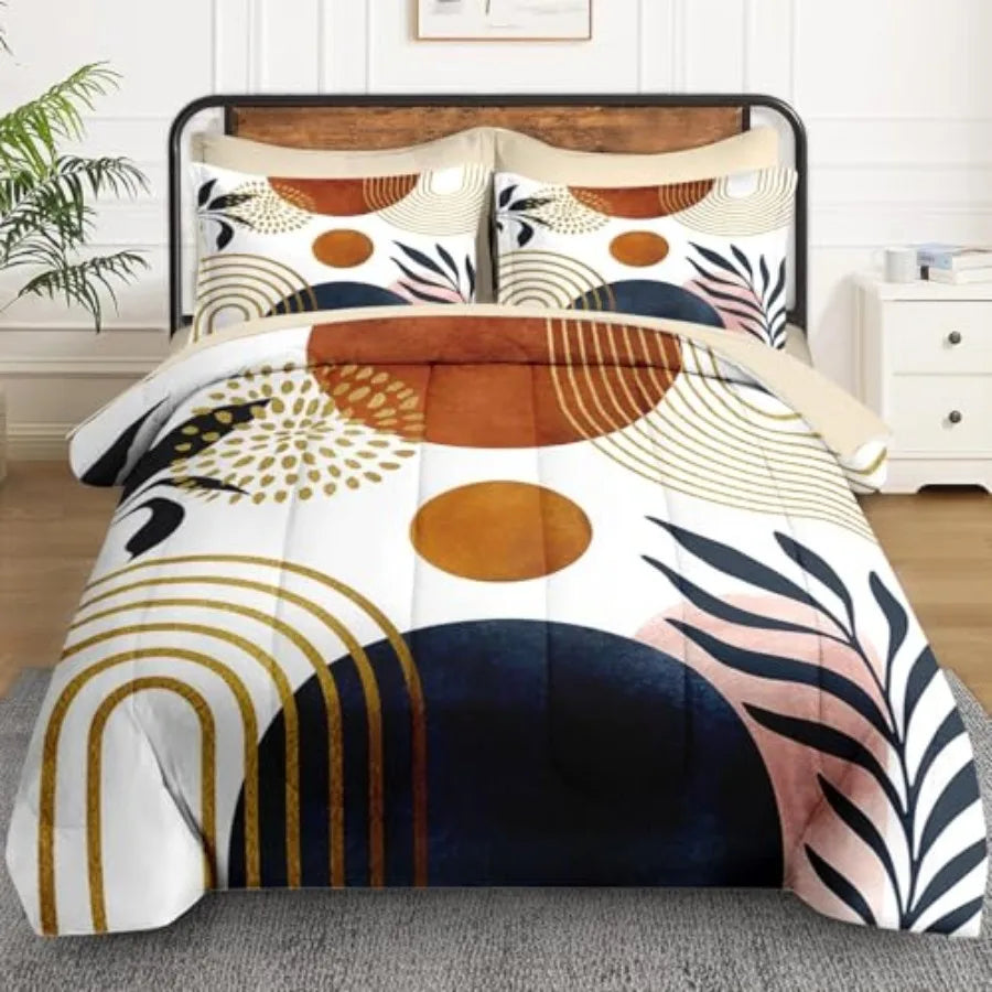 Mid Century Modern Comforter Set With Sun Leaf Pattern