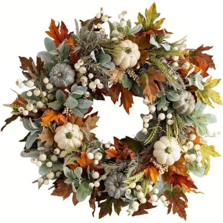 Thanksgiving Autumn Wreath With Pumpkins Pinecones Berries And Maple Leaves