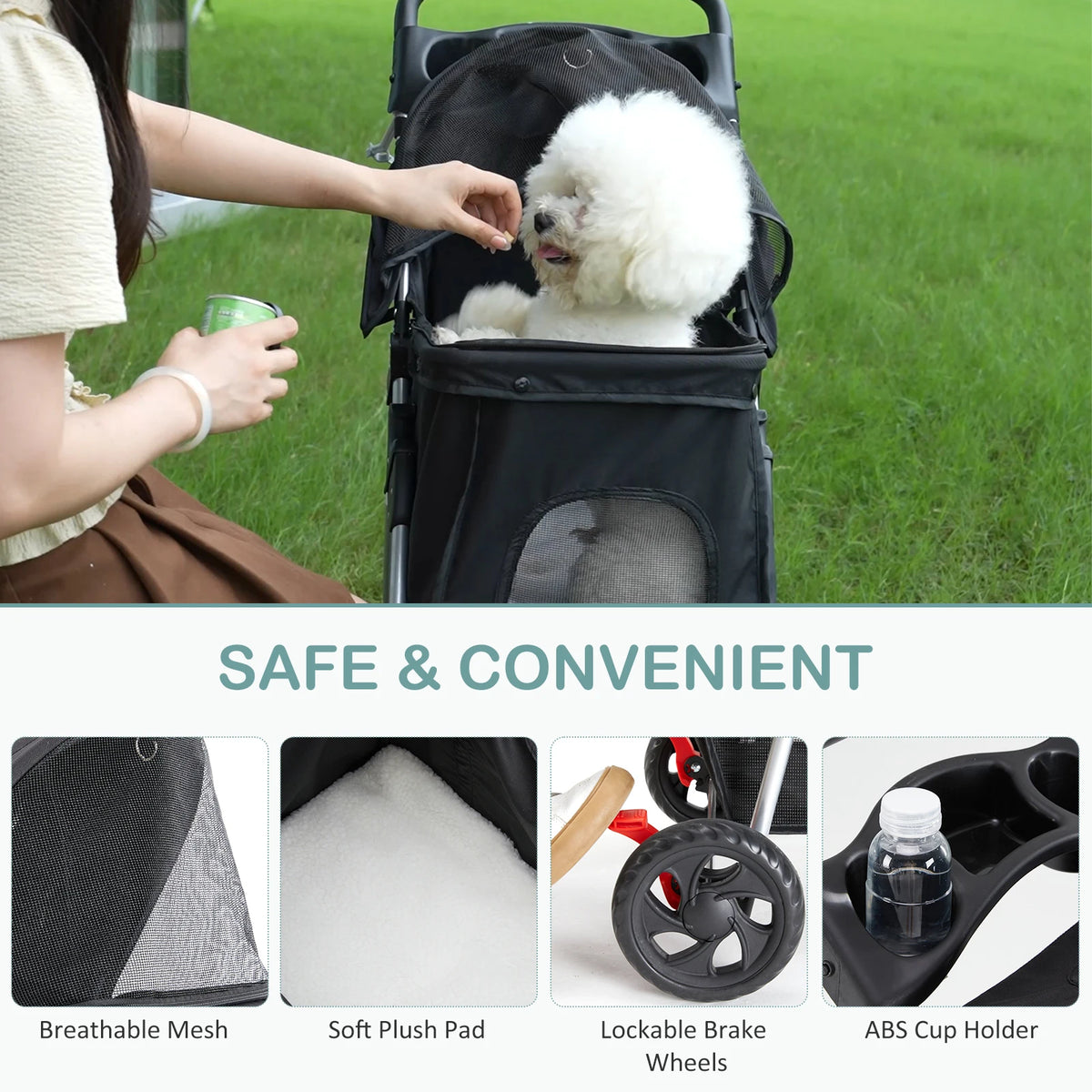 Foldable Three Wheel Pet Stroller For Small Dogs With Storage