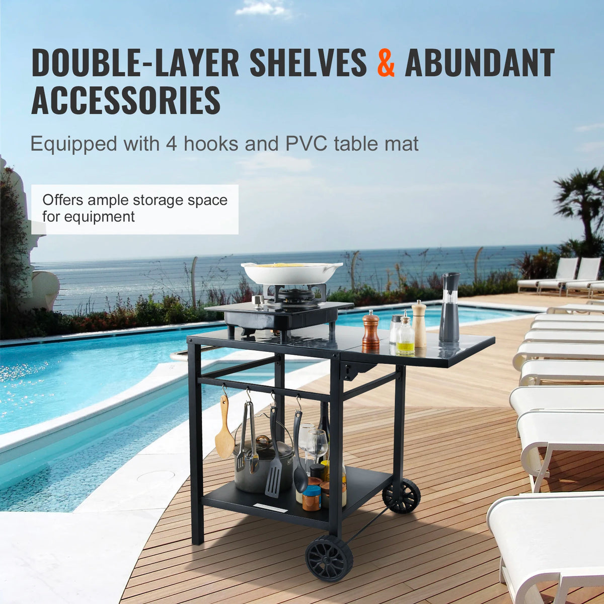 Stainless Steel Foldable Dining Cart Table With Double Shelves