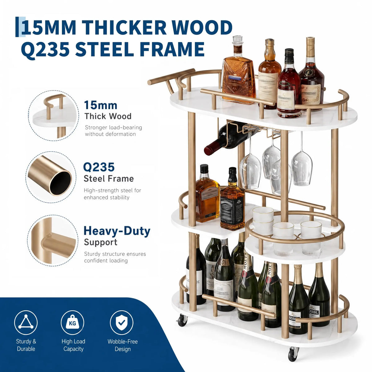 Himiss Rolling Serving Bar Cart With Wine Rack Shelf