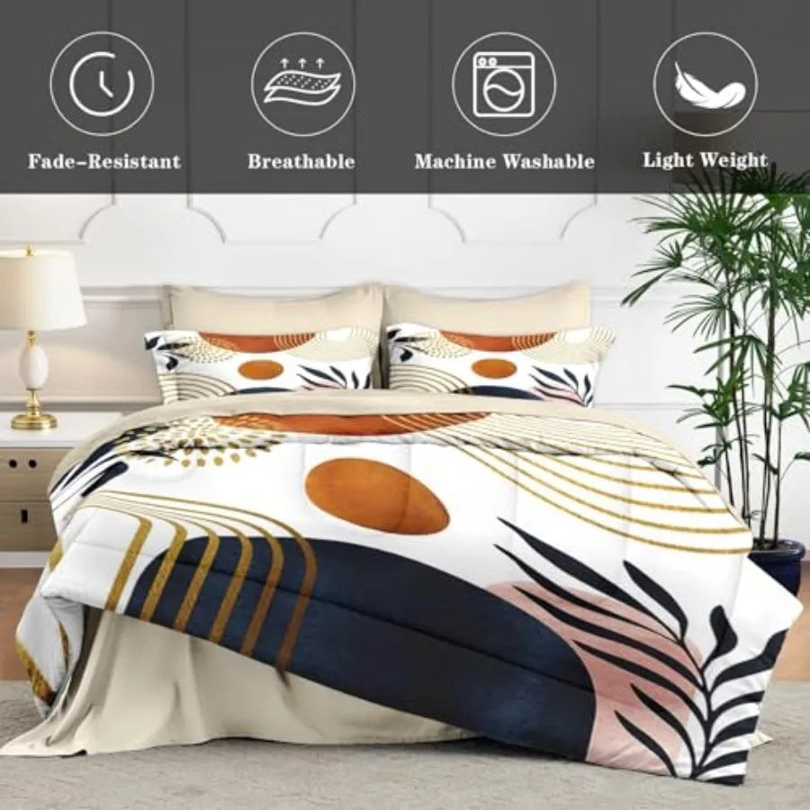Mid Century Modern Comforter Set With Sun Leaf Pattern