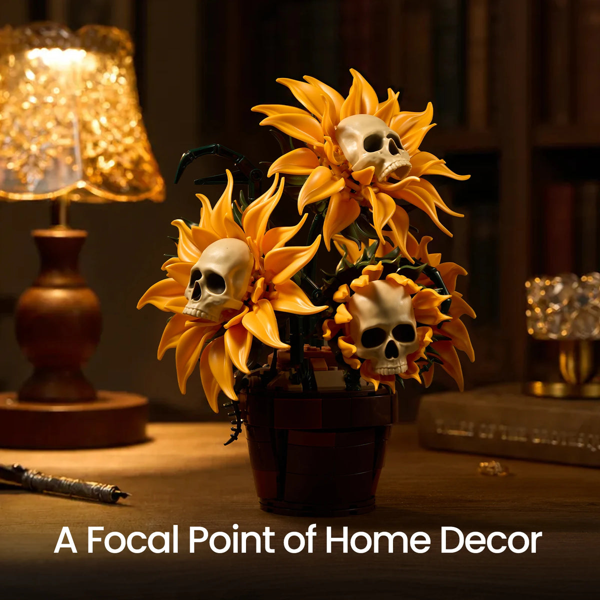 Skull Sunflower Pot Building Blocks Set Gothic Floral Model
