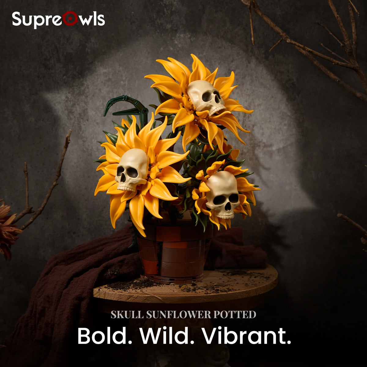 Skull Sunflower Pot Building Blocks Set Gothic Floral Model