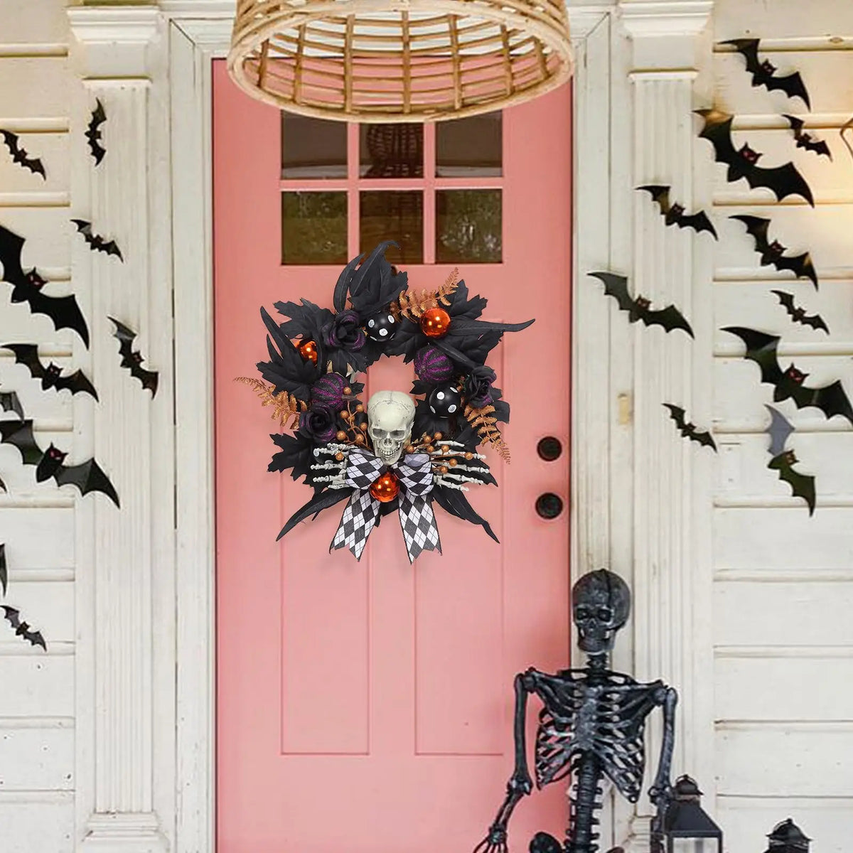 HiMISS Gothic Skeleton Halloween Wreath With Skull Hands And Pumpkins
