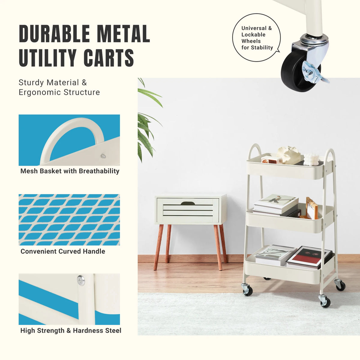 Jhk Metal Rolling Storage Cart With Lockable Swivel Wheels