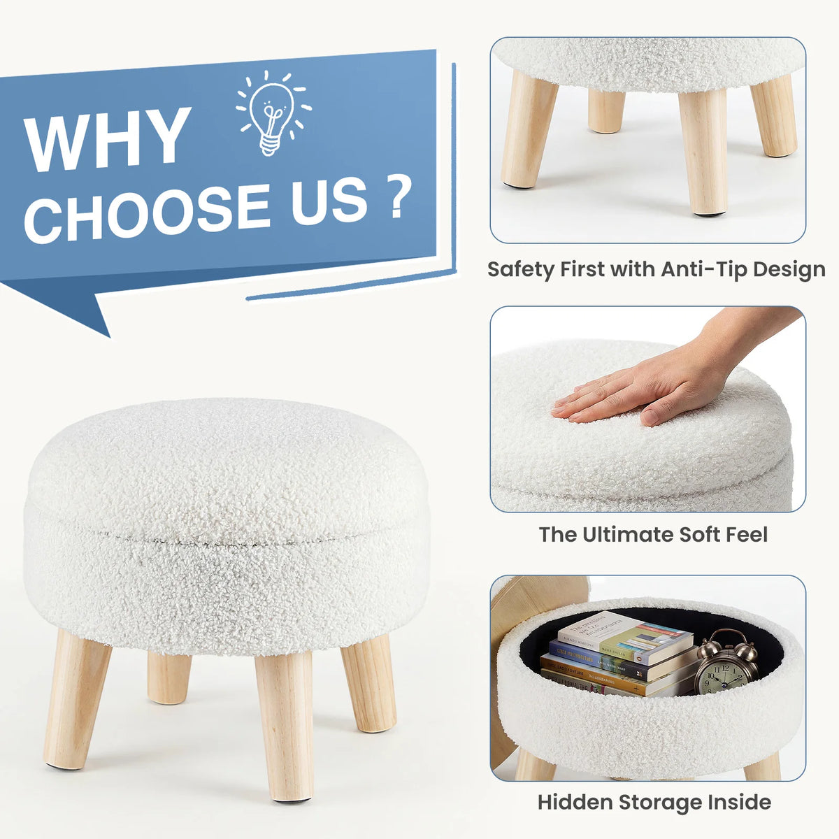 JHK Velvet Storage Ottoman With Padded Seat And Wood Legs