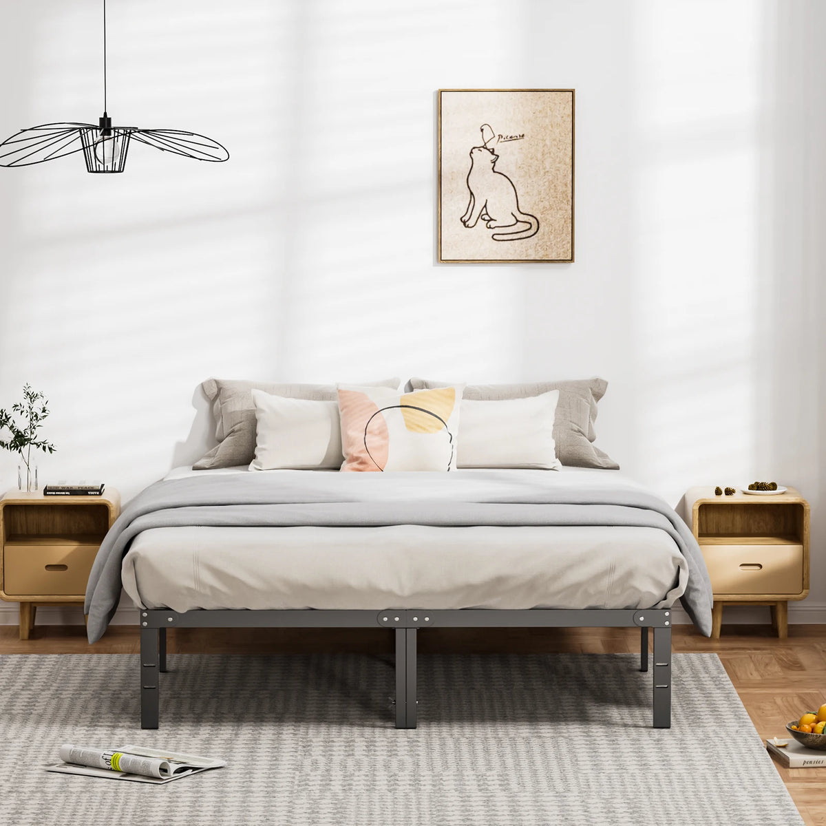 JHK Sturdy Metal Platform Bed Frame With Steel Slat Support