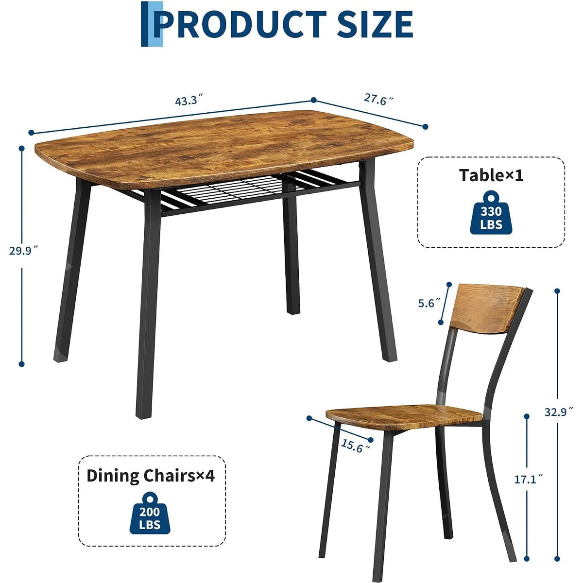 HiMISS 5 Piece Dining Table Set With Wooden Storage Shelf