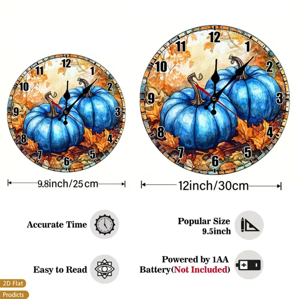 Silent Pumpkin Autumn Leaves Wall Clock Framed Nursery Decor