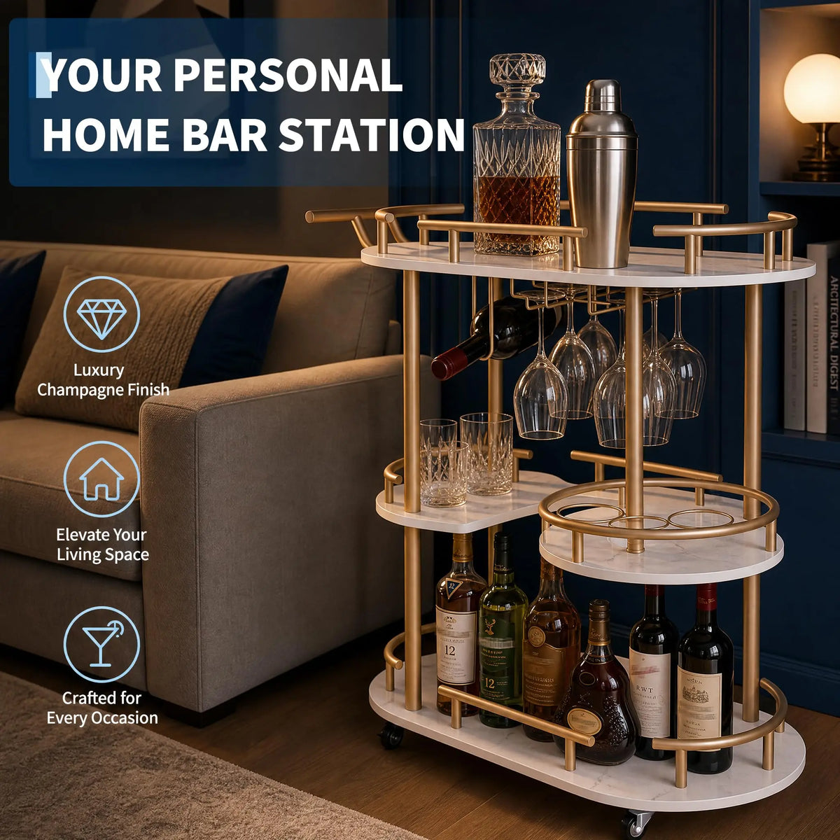 Himiss Rolling Serving Bar Cart With Wine Rack Shelf