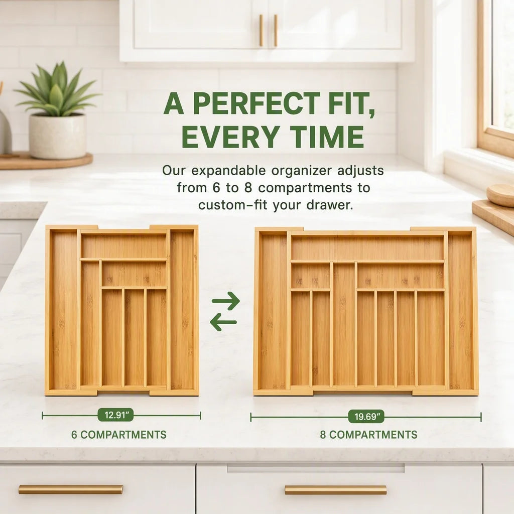 Bamboo Expandable Drawer Organizer For Utensils And Silverware Trays