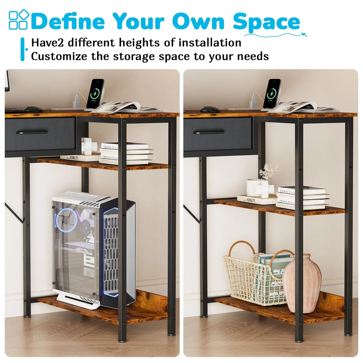 HiMISS L Shaped Gaming Desk With Power Outlet And Drawers