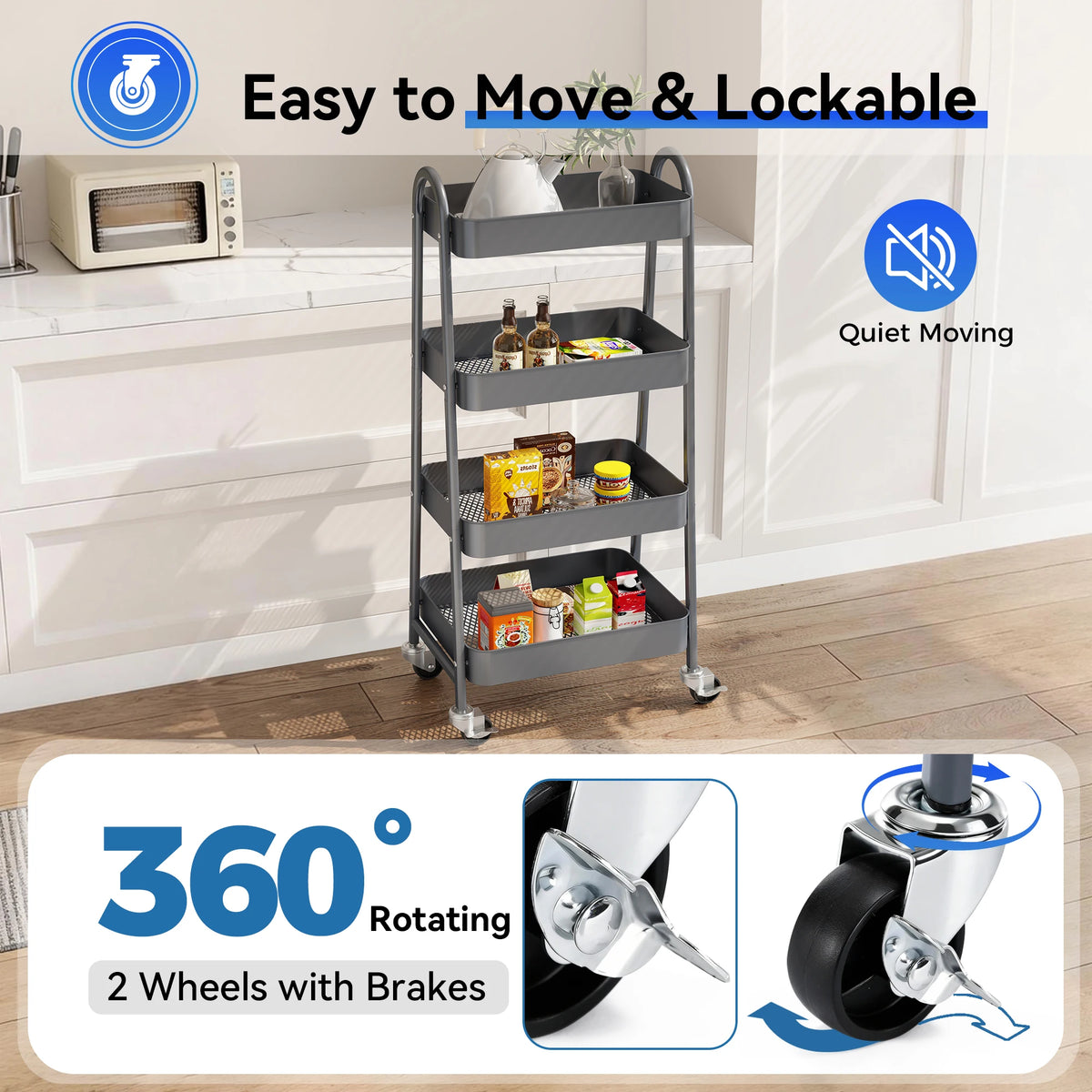 Jhk Four Tier Rolling Metal Utility Storage Cart With Casters