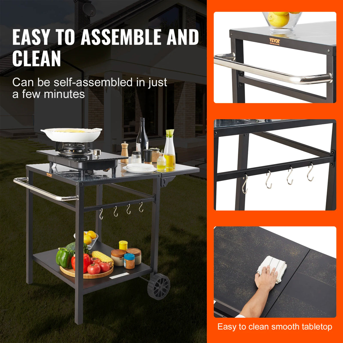Stainless Steel Foldable Dining Cart Table With Double Shelves