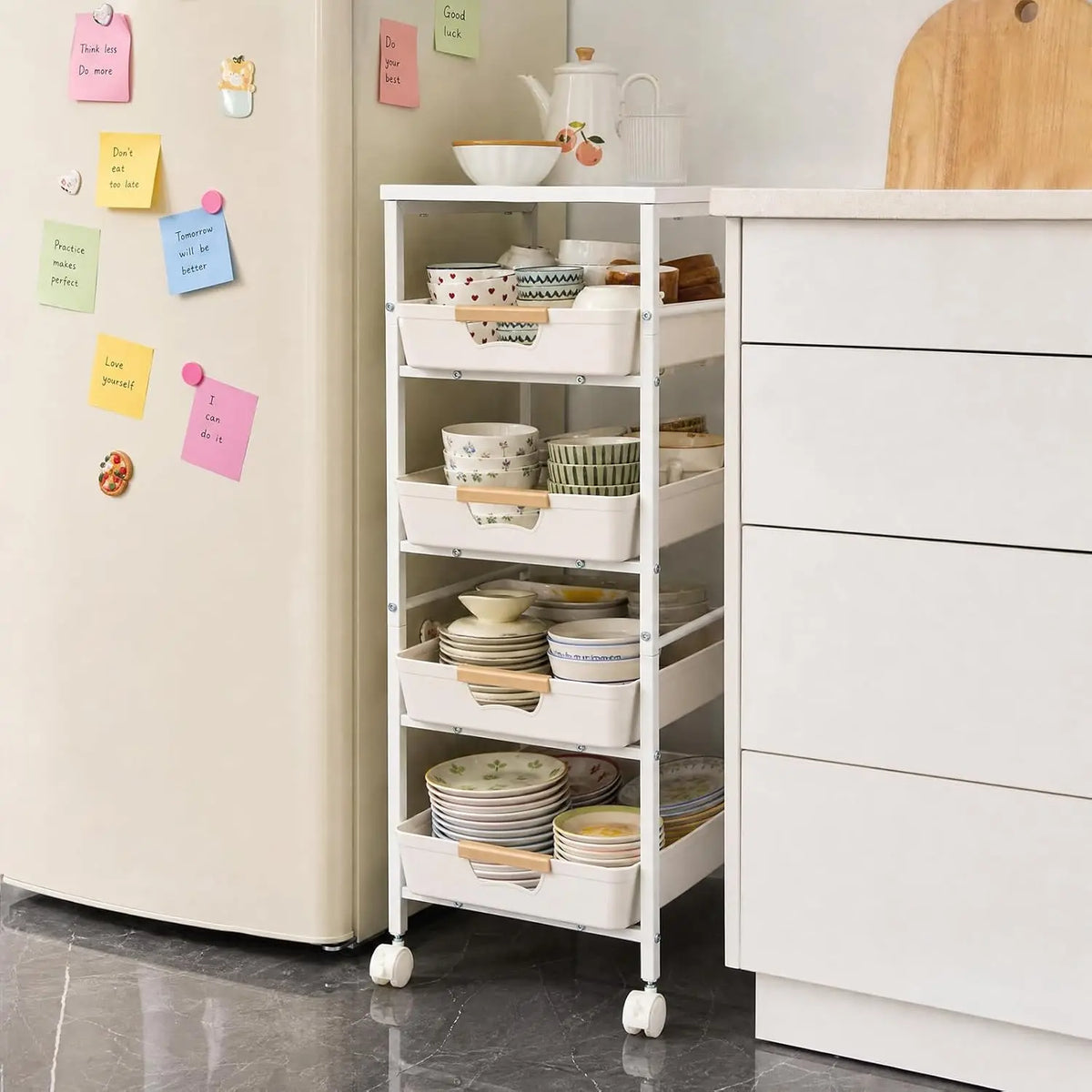 HiMiss 5 Tier Rolling Storage Cart With Wooden Top Rack