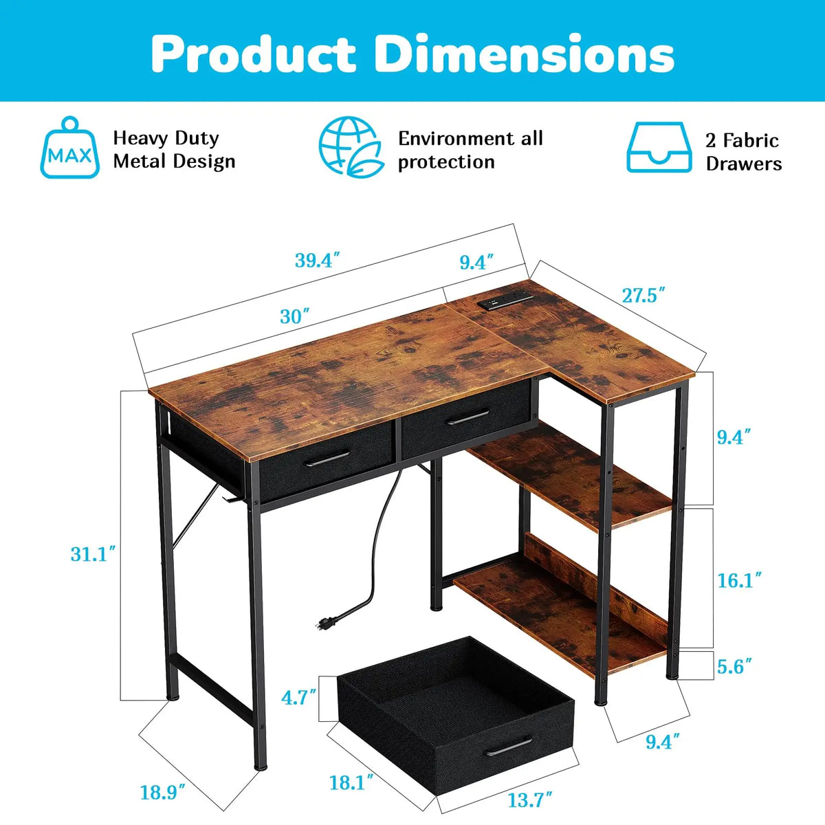 HiMISS L Shaped Gaming Desk With Power Outlet And Drawers