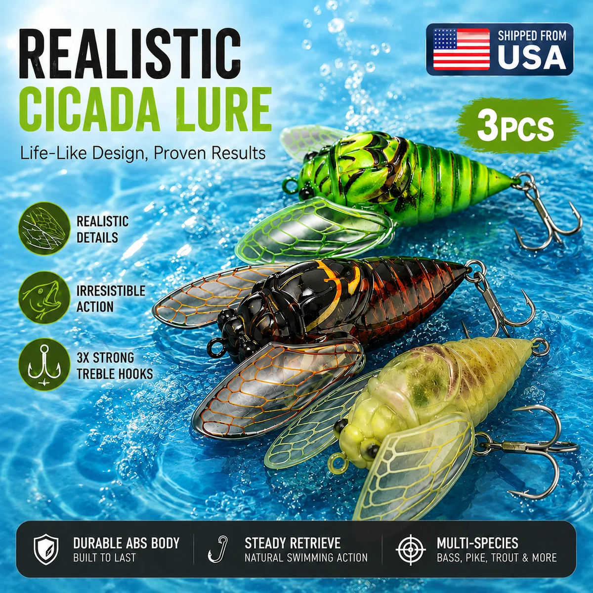 Kingdom 3 Pack Topwater Cicada Artificial Hard Fishing Lure