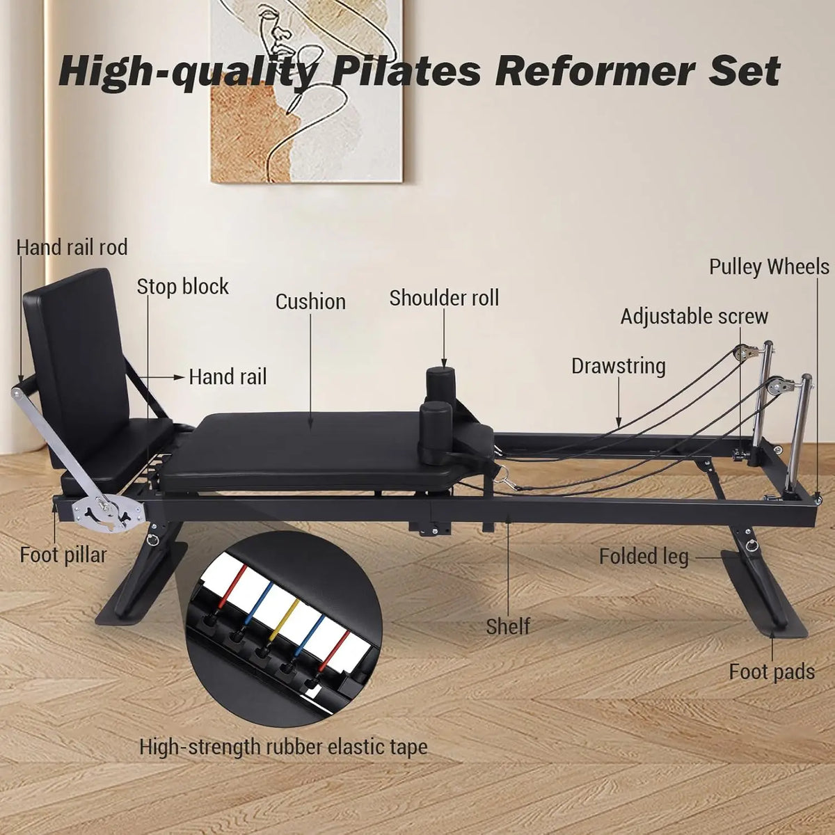 HiMiss Foldable Pilates Reformer Machine With Adjustable Springs